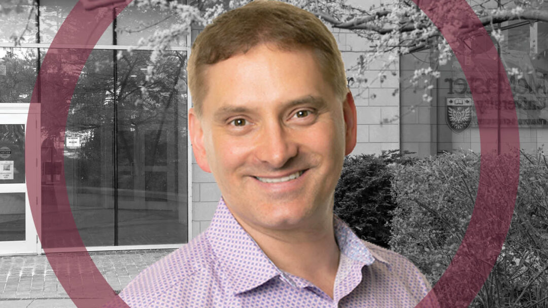 Jason Busse wearing a patterned, collared shirt, in front of a black and white background image of McMaster University's Health Science Building.